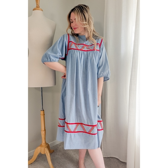 70s Blue Krist Gudnason for Rainbow Trim Cotton 1970s Vintage Midi Shift Dress - Picture 8 of 15